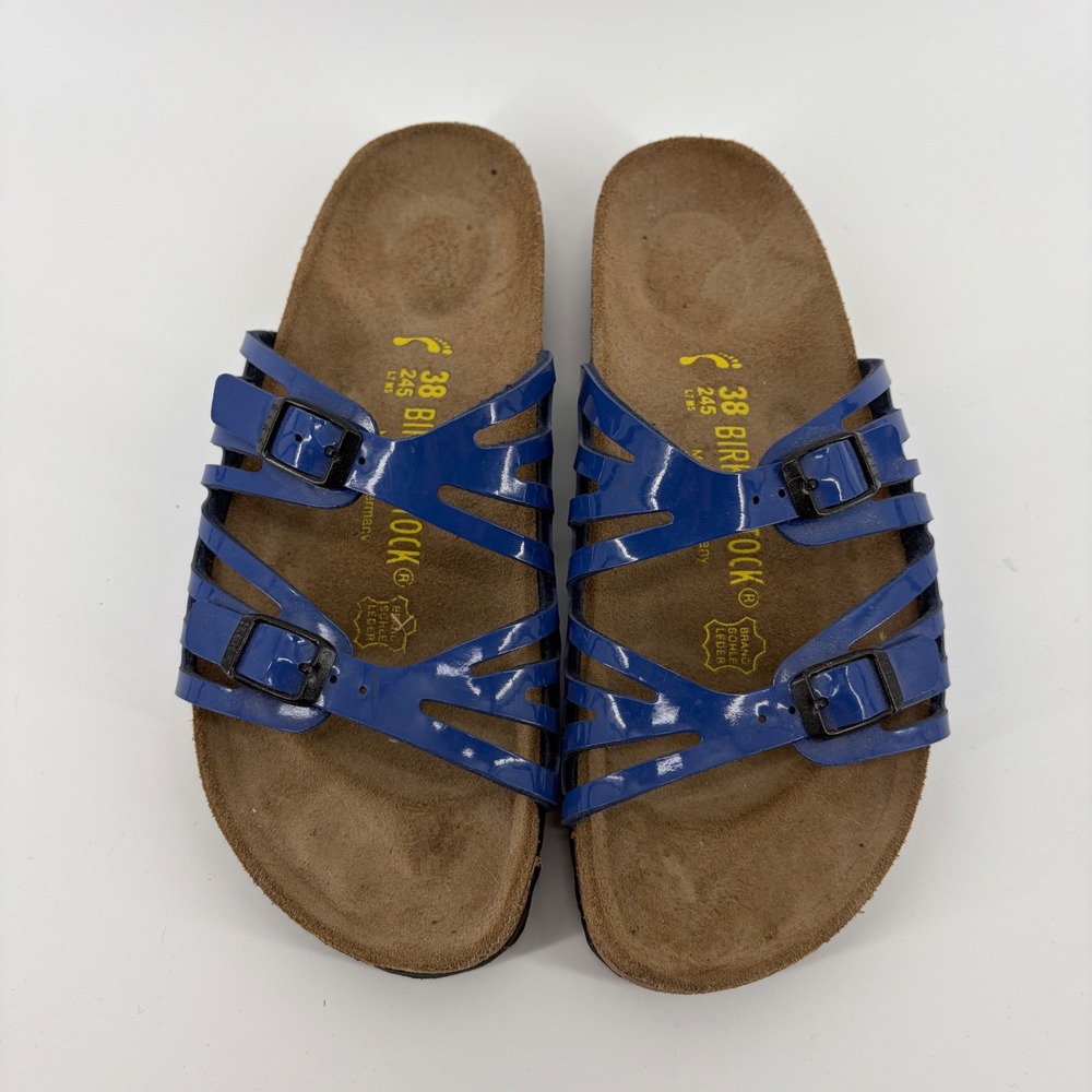 Birkenstock Sandals Granada Blue Patent Leather Strappy Womens 7 EU 38